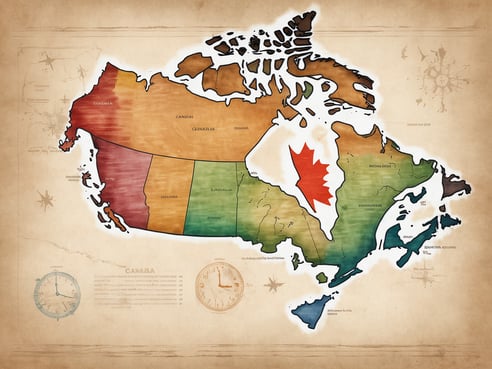 Eine farbenfrohe, stilisierte Karte von Kanada ist abgebildet. Die Provinzen und Territorien sind in verschiedenen Farben dargestellt, wobei Manitoba durch eine rote, stilisierte Ahornblattform hervorgehoben wird. Im Hintergrund ist eine alte, papyrusartige Textur zu sehen, und es gibt zwei Uhren, die die Zeit anzeigen. Darüber hinaus sind weitere grafische Elemente und Schriftzüge enthalten, die einen historischen und künstlerischen Eindruck vermitteln.