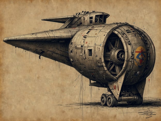 Auf dem Bild ist ein futuristisches, schiff- oder flugzeugähnliches Fahrzeug zu sehen, das möglicherweise für den Transport oder die Erkundung gedacht ist. Es hat ein einzigartiges Design mit einem großen, sichtbaren Triebwerk und einem markanten, dezent eingerosteten Look, der auf eine gewisse Geschichte oder Abnutzung hinweist.In Bezug auf moderne Entwicklungen könnte dieses Fahrzeug symbolisch für die Innovationskraft in der Luft- und Raumfahrttechnik stehen. Die Herausforderungen, die sich ergeben, sind unter anderem die Notwendigkeit, nachhaltige Energiequellen zu finden und die Umweltbelastung durch Transportmittel zu reduzieren. Der Entwurf könnte auch auf den Einfluss von Technologie auf das Design und die Funktionalität hinweisen, wobei gleichzeitig der Erhalt von Tradition und Ästhetik berücksichtigt wird. Solche Darstellungen regen zur Diskussion über die Zukunft des Verkehrs und die Balance zwischen Fortschritt und Umweltbewusstsein an.