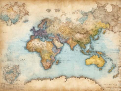 Auf dem Bild ist eine historische Weltkarte zu sehen, die verschiedene Kontinente und Länder in sanften Farben darstellt. Afrika, Europa, Asien, Australien und Teile Nord- und Südamerikas sind deutlich erkennbar. Die Karte zeigt Ländergrenzen und einige geografische Merkmale, wobei die Farben variieren, um unterschiedliche Regionen zu kennzeichnen. In der Ecke unten links befindet sich ein vergrößertes Kartenfragment, das einen Teil der Welt dient. Das Gesamtbild vermittelt einen nostalgischen Eindruck und zeigt die Erde in einem künstlerischen Stil. 

Wie viele Länder sind größer als Kanada? Nur Russland ist flächenmäßig größer als Kanada.