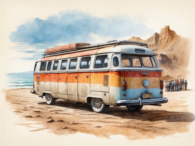 Auf dem Bild ist ein nostalgischer VW-Bus zu sehen, der am Strand parkt. Die Hauptattraktionen und Aktivitäten, die mit diesem Motiv verbunden sind, könnten folgendes umfassen:
1. **Strandurlaub**: Der Bus symbolisiert eine entspannte Auszeit am Meer, ideal für einen Strandtag.
2. **Camping**: Der VW-Bus ist bekannt für Roadtrips und Camping-Abenteuer, perfekt für Ausflüge mit Freunden oder der Familie.
3. **Naturerkundung**: Die umliegende Landschaft mit den Bergen im Hintergrund lädt zu Wanderungen und Erkundungen ein.
4. **Geselligkeit**: Die Gruppe von Menschen im Hintergrund deutet auf gemeinsames Beisammensein hin, möglicherweise für ein Picknick oder ein Lagerfeuer.
Insgesamt vermittelt das Bild ein Gefühl von Freiheit, Entspannung und Naturverbundenheit.