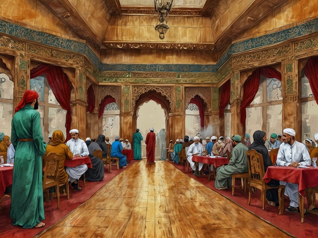 Auf dem Bild ist eine festliche Szene in einem großen Raum zu sehen, in dem viele Menschen an Tischen versammelt sind. Die Einrichtung und Architektur bringen traditionelle Elemente einer orientalischen Kultur zum Ausdruck, was auf eine wirtschaftlich und kulturell reiche Region hinweist, möglicherweise im Nahen Osten oder Nordafrika.Die Menschen scheinen an einem gemeinsamen Essen teilzunehmen, was auf Bräuche und Traditionen wie das Teilen von Mahlzeiten hinweisen könnte. In vielen Kulturen ist das gemeinsame Essen ein wichtiger Bestandteil des sozialen Lebens, insbesondere während religiöser Festlichkeiten wie dem Ramadan, wo das Fasten gebrochen wird. Solche Zusammenkünfte fördern Gemeinschaftsgefühl, Gastfreundschaft und den Austausch von Geschichten und Traditionen.Die Anordnung der Menschen zeigt, dass es sowohl Männer als auch Frauen gibt, und die unterschiedlichen Kleidungsstile deuten auf eine Vielfalt innerhalb der Gruppe hin. Solche Zusammenkünfte sind oft auch mit der Feier von besonderen Anlässen verbunden, wie Hochzeiten, religiösen Feiertagen oder familiären Feiern, wo das gemeinsame Essen eine zentrale Rolle spielt.