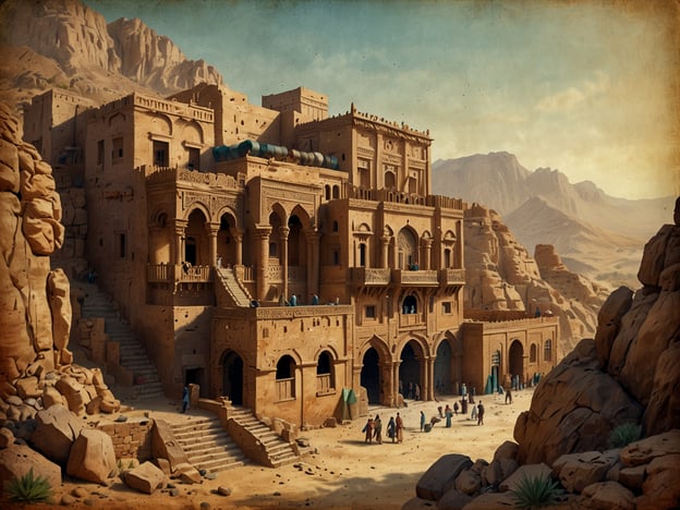 Auf dem Bild ist ein traditionelles jemenitisches Gebäude zu sehen, das in einer beeindruckenden, bergigen Landschaft eingebettet ist. Die Architektur weist charakteristische Merkmale auf, wie kunstvoll gestaltete Bögen und Verzierungen. Menschen sind auf dem Platz vor dem Gebäude zu sehen, die dem Alltag im Jemen nachgehen.Der Jemen, ein Land im südlichen Teil der Arabischen Halbinsel, ist bekannt für seine reiche Geschichte, vielfältige Kulturen und beeindruckende Bauwerke, die oft aus Lehm und anderen lokalen Materialien errichtet werden. Die Kombination aus eindrucksvoller Natur und einzigartiger Architektur macht den Jemen zu einem faszinierenden Ort.