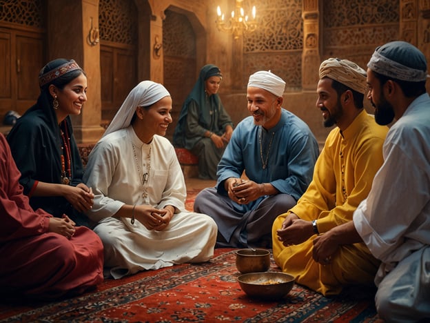 Auf dem Bild sind mehrere Personen in traditioneller Kleidung zu sehen, die in einer warmen und einladenden Umgebung miteinander kommunizieren. Die Anordnung der Sitze und die Gestik der Teilnehmer deuten auf eine gesellige Zusammenkunft hin, möglicherweise im Rahmen eines kulturellen oder familiären Festes.Diese Art von Treffen repräsentiert oft wichtige gesellschaftliche Traditionen, bei denen Gemeinschaft, Gastfreundschaft und der Austausch von Geschichten und Erfahrungen im Vordergrund stehen. Solche Zusammenkünfte können in vielen Kulturen, besonders in arabischen und nahöstlichen Gemeinschaften, bedeutend sein, da sie die soziale Verbundenheit stärken und den intergenerationalen Austausch fördern.Die Gestaltung des Raumes und die Verwendung von reich verzierten Teppichen und Töpfen könnten zudem darauf hinweisen, dass solche Veranstaltungen oft auch mit traditionellen Speisen und Getränken verbunden sind, was die Gastfreundschaft weiter unterstreicht. Diese Momente sind wichtig für das kulturelle Erbe und die Weitergabe von Bräuchen und Werten innerhalb der Gemeinschaft.