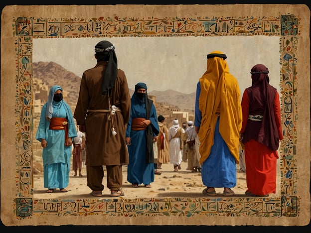 Auf dem Bild sind mehrere Personen in traditionellen Kleidungsstücken zu sehen, die in einer Wüsten- oder bergigen Landschaft stehen. Einige tragen auffällige Farben und Kopfbedeckungen, was auf eine kulturelle oder historische Darstellung hindeutet.### Reisehinweise und Sicherheit:1. **Kleidungsstil**: Bei Reisen in Regionen mit ähnlicher Kultur kann das Anpassen der Kleidung an die lokale Tradition sinnvoll sein. Dies zeigt Respekt und kann die Interaktion mit Einheimischen erleichtern.2. **Sicherheit**: In religiösen oder kulturellen Bereichen ist es wichtig, die örtlichen Gepflogenheiten zu respektieren. Informiere dich vorab über Sehenswürdigkeiten und Verhaltensregeln, um unangenehme Situationen zu vermeiden.3. **Reisevorbereitung**: Es ist ratsam, Reiseunterlagen, mit einer Kopie der wichtigsten Dokumente, sicher aufzubewahren. Informiere dich über die aktuelle Sicherheitslage der Region.4. **Gesundheit**: Denke daran, ausreichend Wasser mitzunehmen und dich vor der Sonne zu schützen, besonders in Wüstengebieten.Diese Hinweise tragen dazu bei, eine sichere und respektvolle Reise zu gewährleisten.