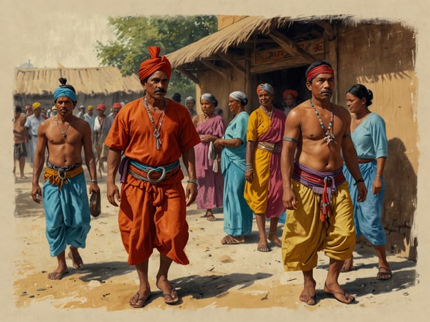 Auf dem Bild sind mehrere Personen in traditioneller Kleidung zu sehen, die in einer lebhaften Umgebung gehen. Diese Szene könnte vielleicht eine kulturelle Veranstaltung oder ein Fest darstellen, bei dem Menschen in farbenfrohen Gewändern und Kopfbedeckungen zusammenkommen.Solche Anlässe können wichtige Feste, Märkte oder Zeremonien darstellen, die tief in der Kultur und Tradition verwurzelt sind. Die Farben und die Kleidung deuten auf unterschiedliche Gemeinschaften oder Feste hin, die oft mit Tanz, Musik und Handwerk verbunden sind. Ähnliche kulturelle Erlebnisse finden sich in vielen Ländern, wo Feste oft eine Vielzahl von Aktivitäten, Gemeinschaftsgeist und Feierlichkeiten bieten.