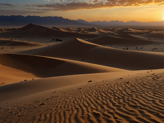 Auf dem Bild ist eine beeindruckende Wüstenlandschaft bei Sonnenuntergang zu sehen. Die sanften Sanddünen erstrecken sich bis zum Horizont, und das Licht des Sonnenuntergangs zaubert warme Farben auf die Wüste.Für Abenteurer bietet sich hier eine Vielzahl von Aktivitäten an:- **Sandboarding**: Rutsche die Dünen hinunter und erlebe den Nervenkitzel des schnellen Abstiegs.- **Dünenwanderung**: Erkunde die faszinierenden Formen der Dünen und entdecke die Tier- und Pflanzenwelt der Wüste.- **Kamelreiten**: Genieße eine entspannte Tour auf dem Rücken eines Kamels und erlebe das traditionelle Fortbewegungsmittel der Wüste.- **Sternenhimmel beobachten**: Nach Einbruch der Dunkelheit bietet die Wüste einen atemberaubenden Blick auf den klaren Sternenhimmel.- **Übernachtung im Zelt**: Verbringe eine Nacht unter freiem Himmel und höre den faszinierenden Klängen der Wüste.Diese Aktivitäten bieten die perfekte Möglichkeit, die wüstenartige Umgebung und ihren Zauber zu erleben.