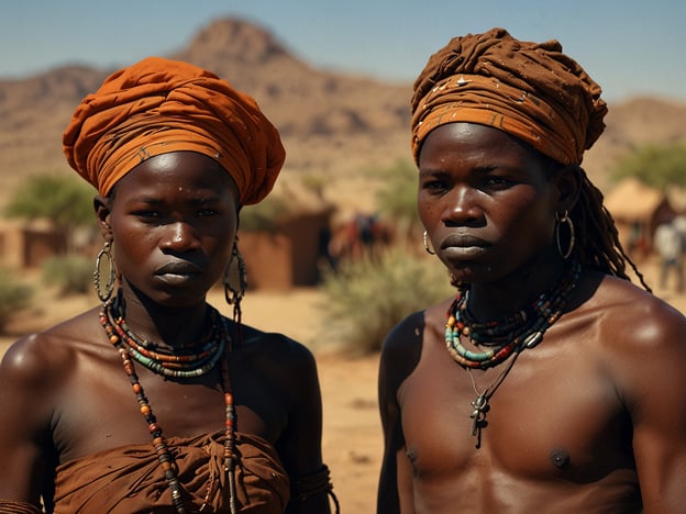 Auf dem Bild sind zwei Menschen aus Namibia zu sehen, die traditionelle Kleidung und Schmuck tragen. Diese Darstellung könnte zur Kultur der Himba gehören, einem indigenen Volk, das für seine charakteristischen roten Hautfarben, die durch die Anwendung von Ocker entsteht, bekannt ist.Die Frauen und Männer tragen oft auffällige Kopfbedeckungen und Schmuck aus Perlen, der eine wichtige Rolle in ihrer Kultur spielt. Die Himba sind bekannt für ihren nomadischen Lebensstil und ihre tief verwurzelten Traditionen, die sowohl die Gemeinschaft als auch die Verbindung zur Natur betonen.Solche Darstellungen sind nicht nur visuelle Kunstwerke, sondern auch Ausdruck der reichen kulturellen Identität Namibias.
