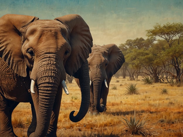 Auf dem Bild sind zwei Elefanten in einer trockenen, savannenähnlichen Landschaft zu sehen. Elefanten haben in vielen Kulturen eine tief verwurzelte symbolische Bedeutung. In vielen afrikanischen Traditionen gelten sie als Symbole für Stärke, Weisheit und Familie, da Elefanten oft in matriarchalen Herden leben und enge soziale Bindungen pflegen.Darüber hinaus findet man in verschiedenen Kulturen Geschichten und Mythen, in denen Elefanten eine wichtige Rolle spielen. In Indien sind sie zum Beispiel heilige Tiere, die oft mit dem Gott Ganesha assoziiert werden, der für Wohlstand und Glück steht.Die Darstellung von Elefanten in der Kunst und Folklore zeigt häufig ihre majestätsche und friedliche Natur, was sie zu einem beliebten Motiv in Tanz, Musik und Literatur macht. Dieses Bild könnte also auch an die reiche kulturelle Symbolik und die Bedeutung von Elefanten in verschiedenen Traditionen erinnern.