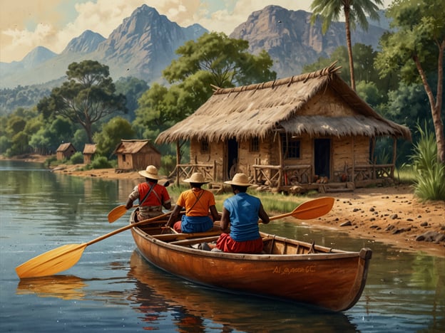 Auf dem Bild sind drei Personen in einem Kanu zu sehen, die auf einem ruhigen Fluss paddeln. Im Hintergrund sieht man eine ländliche Szenerie mit einer Strohhütte und einigen kleineren Holzhäusern sowie beeindruckenden Bergen. Abseits der Safari könnte man hier Aktivitäten wie Angeln, Bootsfahrten oder Wandern in der malerischen Natur genießen. Die Umgebung lädt auch zu entspannenden Picknicks oder zum Beobachten der Tier- und Pflanzenwelt ein.