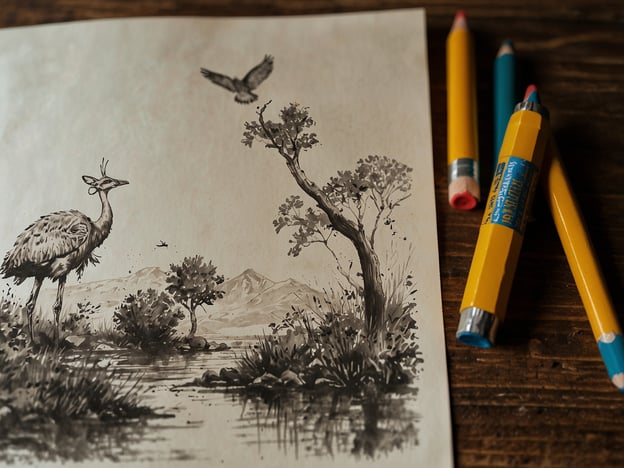 Auf dem Bild ist eine Zeichnung eines Vogels, der an einem Gewässer steht, umgeben von Bäumen und einer Berglandschaft im Hintergrund. Neben der Zeichnung liegen einige Buntstifte.Für die perfekte Safari-Erfahrung hier einige Tipps:1. **Früh Aufbrechen**: Beginnen Sie Ihre Safari früh am Morgen, wenn die Tiere am aktivsten sind.2. **Ruhige Beobachtung**: Seien Sie leise, um die Tiere nicht zu scheuchen und um bessere Sichtungen zu haben.3. **Gute Ausrüstung**: Nehmen Sie Ferngläser und eine Kamera mit, um Tierbeobachtungen festzuhalten.4. **Informieren Sie sich**: Lernen Sie über die Tierarten und deren Verhalten, um spannende Erlebnisse zu haben.5. **Respektieren Sie die Natur**: Halten Sie Abstand zu den Tieren und hinterlassen Sie keinen Müll.Viel Spaß bei Ihrem Abenteuer!