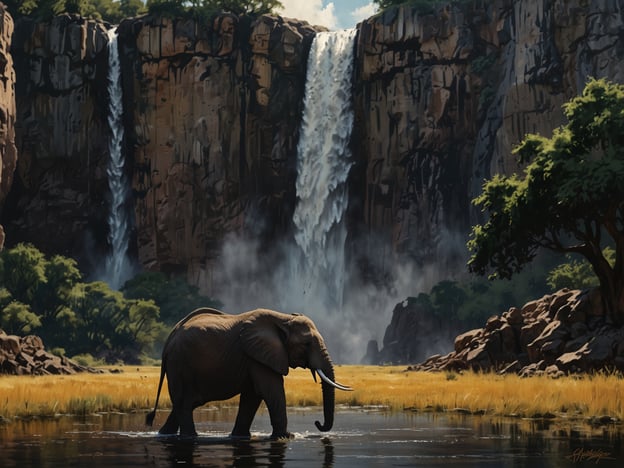 Auf dem Bild ist eine beeindruckende Naturlandschaft zu sehen, die von majestätischen Wasserfällen und einer einzigartigen Tierwelt geprägt ist. Der Elefant, der im Wasser steht, ist ein zentraler Punkt, der das typische Bild der afrikanischen Savanne widerspiegelt.Einige Must-See Sehenswürdigkeiten, die mit solch einer Szenerie verbunden sein könnten, sind:1. **Victoriafälle** – Diese berühmten Wasserfälle an der Grenze zwischen Sambia und Simbabwe sind ein faszinierendes Naturphänomen.2. **Kruger Nationalpark** – Ein hervorragender Ort, um Elefanten und andere Wildtiere in ihrem natürlichen Lebensraum zu beobachten.3. **Serengeti Nationalpark** – Bekannt für die große Tierwanderung und die beeindruckende Tierwelt.4. **Ngorongoro-Kraterschutzgebiet** – Ein einzigartiges UNESCO-Weltkulturerbe, das für seine Tierpopulation bekannt ist.Diese Orte bieten spektakuläre Ausblicke und erlebnisreiche Begegnungen mit der Natur.
