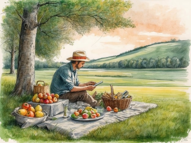 Auf dem Bild ist ein Mann zu sehen, der in einer schönen Parklandschaft sitzt und an einem Picknick teilnimmt. Er ist von einer Matratze aus Decken umgeben, auf der verschiedene Früchte und Getränke stehen. Um einen perfekten Tag im Park zu genießen, hier einige Tipps:
1. **Picknick vorbereiten**: Bringe eine Auswahl an frischen Früchten, Sandwiches und Snacks mit. Das steigert die Genussfähigkeit!
2. **Bequeme Decke**: Eine große, weiche Decke ist ideal, um entspannt zu sitzen und das Essen zu genießen.
3. **Unterhaltung**: Ein gutes Buch oder ein Spiel sorgt für Unterhaltung.
4. **Schattiger Platz**: Suche dir einen schattigen Platz unter einem Baum, um die Sonne zu genießen, ohne dich zu überhitzen.
5. **Entspannung**: Vergiss nicht, einfach mal die Natur zu genießen und zu entspannen. Vielleicht eine kleine Meditation oder einfach das Zwitschern der Vögel hören.
6. **Spielmöglichkeiten**: Bring einen Ball oder Frisbee mit, um aktiv zu bleiben.
So wird dein Tag im Park unvergesslich!
