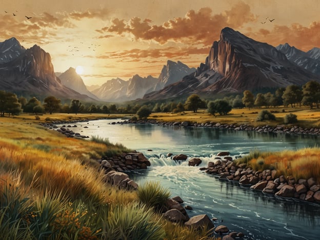 Die Schönheit Tansanias zeigt sich in seiner atemberaubenden Landschaft, die von majestätischen Bergen, üppigen Tälern und glitzernden Gewässern geprägt ist.Auf dem Bild ist eine malerische Szene zu sehen, die eine ruhige Flusslandschaft mit sanften Strömungen und sanften Wiesen zeigt. Die Berge im Hintergrund erheben sich majestätisch unter einem strahlenden Sonnenuntergang, während ein paar Vögel über den Himmel fliegen. Die warme Farbpalette der Abenddämmerung verleiht der Szenerie eine friedliche und romantische Atmosphäre, die die natürliche Schönheit der Umgebung unterstreicht.