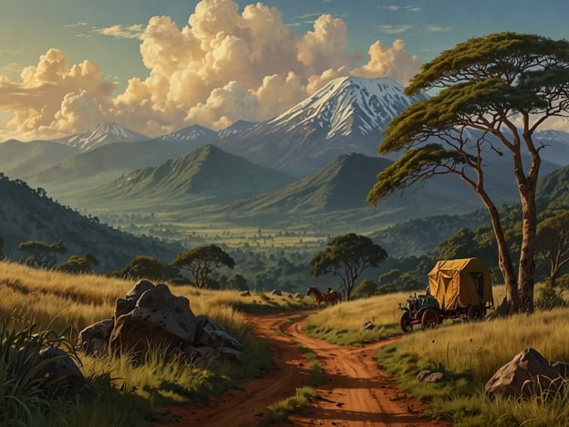 Auf dem Bild ist eine malerische Landschaft mit majestätischen Bergen im Hintergrund zu sehen. Die sanften Hügel sind von üppigem Grün und goldenem Gras bedeckt, was eine friedliche und einladende Atmosphäre schafft. Ein schmaler, erdiger Weg schlängelt sich durch die Szenerie, und zu sehen sind auch große Steine sowie vereinzelte Bäume, die das Bild beleben.Für Abenteuerliebhaber bietet sich hier eine aktive Erkundung an: Wandern Sie in den Bergen, um die spektakulären Aussichten zu genießen oder gehen Sie Radfahren auf den umliegenden Trails. Für Naturliebhaber könnte eine entspannte Tierbeobachtung in der Landschaft faszinierend sein. Camping wäre eine weitere Möglichkeit, um die Schönheit der Natur hautnah zu erleben, während Abenteuerlustige einen Ausritt auf einem Pferd unternehmen können, um die Umgebung zu erkunden. Diese vielfältigen Aktivitäten sorgen dafür, dass jeder Geschmack auf seine Kosten kommt.