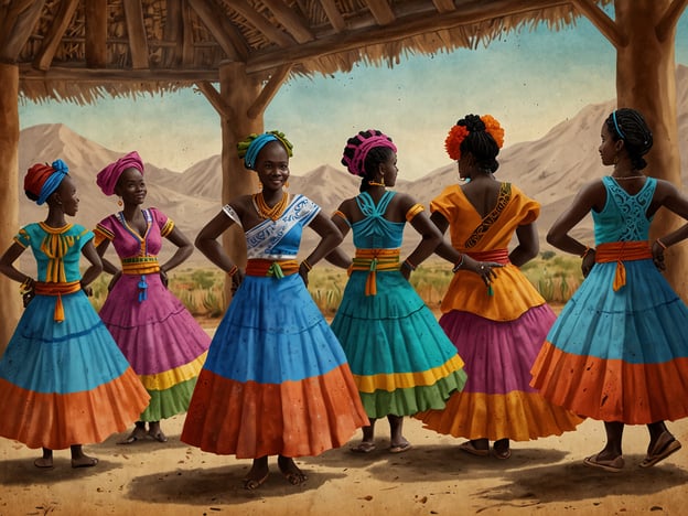 Auf dem Bild sind mehrere Frauen zu sehen, die traditionelle, farbenfrohe Kleider tragen. Die Frauen stehen in einer Gruppe, und ihre Outfits sind mit verschiedenen lebhaften Farben gestaltet, die eine kulturelle Bedeutung haben könnten. Hinter ihnen erstrecken sich eine ländliche Landschaft und Berge, was darauf hindeutet, dass sie sich in einem natürlichen, möglicherweise feierlichen Umfeld befinden.Die Kleidung und die Art der Darstellung deuten auf eine kulturelle Feier oder Veranstaltung hin, die möglicherweise mit Folklore oder Tradition verbunden ist. Die Gestaltung der Kleider und die fröhlichen Farben könnten auch die Identität und den Stolz einer bestimmten Gemeinschaft repräsentieren.