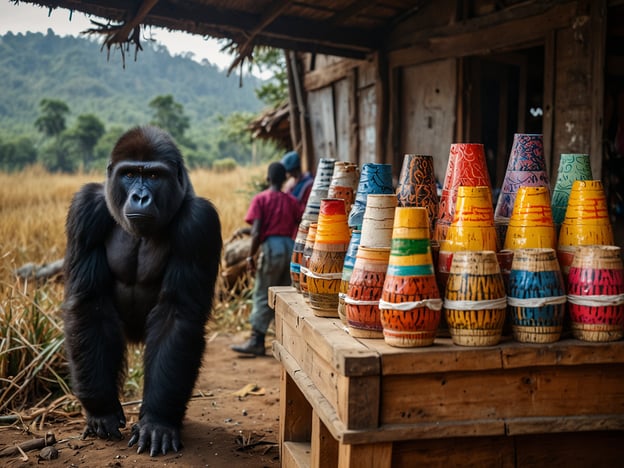 Auf dem Bild sieht man einen Gorilla und einige farbenfrohe Holzgefäße, wahrscheinlich aus der Region Ruanda.Reisetipps für Ruanda:1. **Gorilla-Tracking**: Besuche den Volcanoes National Park, um die majestätischen Berggorillas in ihrem natürlichen Lebensraum zu beobachten. Es ist eine einmalige Erfahrung, die du dir nicht entgehen lassen solltest.2. **Kulturelle Begegnungen**: Nutze die Gelegenheit, die lokale Kultur kennenzulernen. Die Märkte sind voll von handgefertigten Waren, darunter auch farbige Holzgefäße, die eine großartige Souvenirwahl darstellen.3. **Naturerlebnisse**: Erkunde weitere Nationalparks wie den Akagera National Park, wo du auf Safari gehen und die vielfältige Tierwelt Ruandas entdecken kannst.4. **Lake Kivu**: Entspanne dich am Lake Kivu, wo du schwimmen, Kajak fahren oder einfach die wunderschöne Landschaft genießen kannst.5. **Bewusster Tourismus**: Unterstütze lokale Gemeinschaften, indem du in deren Unterkünften übernachtest und deren Produkte kaufst.Ruanda bietet eine unglaubliche Mischung aus Natur, Tierschutz und Kultur!