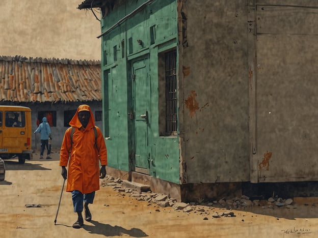 Auf dem Bild sieht man eine Person in einem auffälligen orangefarbenen Regenmantel, die mit einem Gehstock durch eine städtische Umgebung läuft. Im Hintergrund sind einfache Gebäude mit einer grünen Fassade und einem Dach aus Ziegeln sowie ein gelbes Fahrzeug zu erkennen.Für Reisende sind hier einige praktische Informationen:1. **Kleidung**: Bei feuchtem oder unbeständigem Wetter ist es ratsam, wasserfeste Kleidung zu tragen, wie im Bild zu sehen. Dies hilft, trocken zu bleiben und die Umgebung bequem zu erkunden.2. **Mobilität**: Wenn man auf Gehhilfen angewiesen ist, sollte man überlegen, in Gebieten mit unebenen Straßen und Gehwegen besonders vorsichtig zu sein. Die Infrastruktur kann variieren.3. **Kulturelle Sensibilität**: In städtischen Gebieten sollte man sich der lokalen Kultur und der Sitten bewusst sein. Ein respektvoller Umgang ist wichtig, um positive Begegnungen zu fördern.4. **Transport**: Das vorgezeigte Fahrzeug deutet darauf hin, dass es in der Umgebung möglicherweise lokale Transportmöglichkeiten gibt. Es ist oft hilfreich, sich über öffentliche Verkehrsmittel oder Taxis zu informieren.5. **Sicherheit**: In weniger belebten Gegenden ist es ratsam, wachsam zu sein und wertvolle Gegenstände sicher zu verstauen.Diese Tipps können helfen, die Reise angenehmer und sicherer zu gestalten.