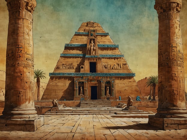 Auf dem Bild ist ein ägyptischer Tempel dargestellt, der typische architektonische Elemente dieser Zeit zeigt. Die monumentalen Strukturen sind charakteristisch für die Architektur des alten Ägypten, die häufig mit Steinblöcken errichtet wurde.Besonders auffällig sind die hohen Säulen, die oft mit hieroglyphischen Inschriften und dekorativen Motiven verziert sind. Diese Säulen dienen nicht nur der strukturellen Unterstützung, sondern auch der religiösen Symbolik.Der Tempel selbst hat eine pyramidenartige Form, die auf die religiöse Bedeutung hinweist. Pyramiden und Tempel waren Orte der Verehrung, in denen den Göttern Opfer dargebracht wurden. Die Dachkante und die Stufen des Zugangs sind typischerweise erhöht, sodass sie eine Verbindung zwischen der Erde und dem Himmel symbolisieren.Die Anlage ist umgeben von einer Wüstenlandschaft, die an die geografische Lage der wahren ägyptischen Tempel erinnert. Palmen ergänzen die Darstellung und schaffen eine Vorstellung von Oasen in der kargen Umgebung. All diese Elemente zusammen verdeutlichen die spirituelle und kulturelle Bedeutung der Tempel im alten Ägypten.