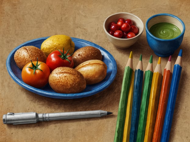 Auf dem Bild sind verschiedene Elemente zu sehen, die kulturelle Vielfalt und Traditionen symbolisieren können. In der Mitte befindet sich ein blauer Teller mit einer Auswahl an Lebensmitteln: verschiedene Brötchen, Tomaten und eine Zitrone. Diese Nahrungsmittel können für die Gastronomie und die Esskultur vieler Länder stehen, in denen Brot und frisches Obst und Gemüse eine wichtige Rolle spielen.Neben dem Teller gibt es Schalen mit kleinen roten Beeren und einer grünen Soße, was auf lokale Spezialitäten hindeuten könnte. Diese Art von Speisen könnte in verschiedenen Kulturen unterschiedlich zubereitet und serviert werden, was die Vielfalt der traditionellen Küchen widerspiegelt.Zusätzlich sind bunt angeordnete Buntstifte zu sehen, die Kreativität und den Austausch von Ideen signalisieren. Sie können ein Symbol für künstlerische Traditionen und den Ausdruck kultureller Identität sein. Insgesamt kombiniert das Bild Elemente, die verschiedenen kulturellen Hintergründen und Traditionen entstammen, und fördert das Verständnis und die Wertschätzung der Vielfalt.