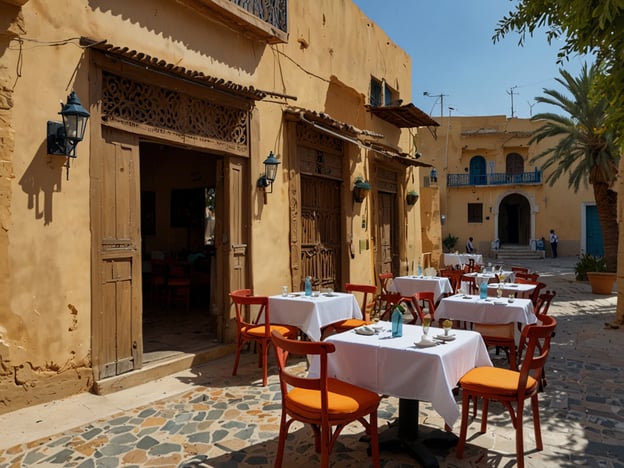 Auf dem Bild sieht man ein charmantes Restaurant mit orangefarbenen Stühlen und weißen Tischen im Freien. Die Wände sind in einem warmen Gelbton gehalten, und es gibt traditionelle architektonische Details, die einen Einblick in die lokale Kultur geben.**Reisetipps und Empfehlungen:**1. **Lokale Küche probieren:** Nutze die Gelegenheit, um typische Gerichte der Region zu genießen. Oft bieten Restaurants in solchen Umgebung authentische, hausgemachte Speisen an.2. **Vormittags oder abends essen:** Die Temperaturen können in der Mittagszeit sehr hoch sein. Plane deine Mahlzeiten entweder am Vormittag oder am Abend, wenn es kühler ist.3. **Ambiente genießen:** Nimm dir Zeit, um das Ambiente zu genießen. Solche Orte sind häufig sehr fotogen und bieten tolle Möglichkeiten für Erinnerungsfotos.4. **Einen Spaziergang machen:** Erkunde auch die Umgebung des Restaurants. Oft gibt es interessante Märkte, Geschäfte oder weitere kulturelle Highlights in der Nähe.5. **Den Sonnenuntergang beobachten:** Wenn du die Möglichkeit hast, beende den Tag mit einem Blick auf den Sonnenuntergang, besonders in einem solch schönen Umfeld.Viel Spaß beim Reisen und Genießen der lokalen Kultur!