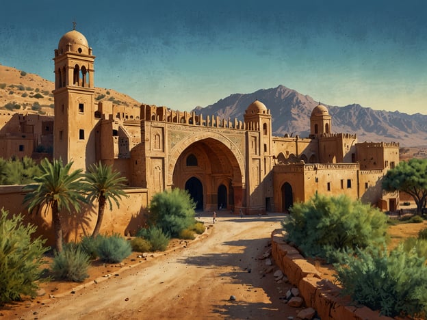 Das Bild zeigt eine beeindruckende Architektur, die charakteristisch für die Vielfalt Algeriens ist. Im Vordergrund sieht man eine große Torbogenstruktur, die möglicherweise zu einer alten Festung oder Kasbah gehört. Die Bauweise spiegelt die traditionellen Materialien und den architektonischen Stil wider, der in vielen algerischen Städten zu finden ist.Umgeben wird die Struktur von einer malerischen Landschaft mit hohen Bergen im Hintergrund und üppiger Vegetation im Vordergrund, einschließlich Palmen und anderen Pflanzen. Diese Elemente unterstreichen die natürliche Schönheit Algeriens und die kulturelle Vielfalt, die von der Berbersprache bis zu den historischen Einflüssen verschiedenster Völker reicht.Diese Region könnte spezifisch für die Wüstenlandschaften im Süden Algeriens stehen, wo Geschichte und Tradition eng miteinander verwoben sind.