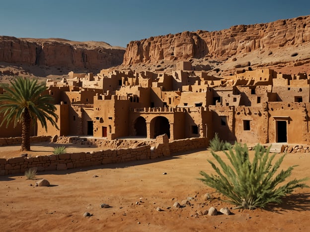 Auf dem Bild ist eine alte, traditionell wirkende Siedlung in einer Wüstenlandschaft zu sehen. Diese Art von Ort erinnert an versteckte Oasen oder antike Städte, die oft an geheimen Plätzen liegen. Ein solcher Ort könnte die Legende von Petra in Jordanien darstellen, wo man in den Felsen geschnitzte Gebäude findet.Ein weiteres Beispiel für einen geheimen Ort ist die Stadt Ait Benhaddou in Marokko, ein UNESCO-Weltkulturerbe, das für seine Lehmarchitektur bekannt ist. Diese geheimen Orte ziehen Reisende an, die auf der Suche nach Geschichte und Abenteuer sind.
