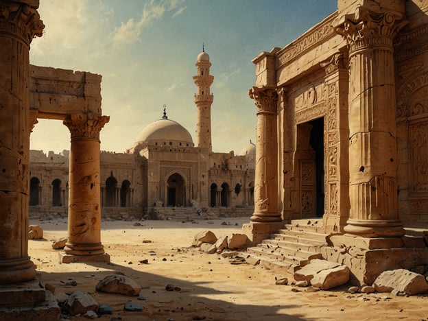 Das Bild zeigt eine historische, archäologische Stätte, die von beeindruckenden Säulen und einem großen kuppelförmigen Gebäude geprägt ist. Diese Art von Architektur erinnert an die Ruinen antiker Kultstätten, die in Regionen wie Libyen vorkommen könnten.Libyen, ein Land im Norden Afrikas, ist reich an Geschichte und Kultur. Es beherbergt viele antike Stätten, darunter die Überreste römischer und griechischer Zivilisationen, die bis heute bedeutende touristische Attraktionen sind. Orte wie die antiken Städte von Sabratha und Leptis Magna sind bekannt für ihre gut erhaltenen Ruinen und beeindruckenden Bauwerke.