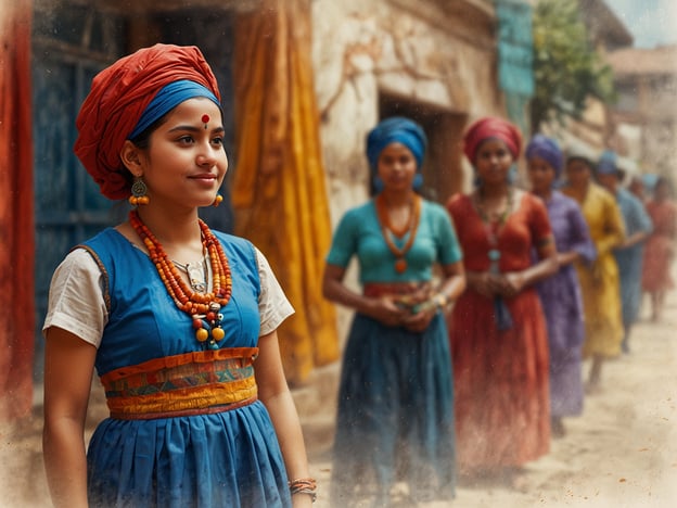 Auf dem Bild sind mehrere Frauen in traditioneller Kleidung zu sehen, die leuchtende Farben und typische Accessoires tragen. Die Vordergrundfigur, die anscheinend im Mittelpunkt steht, trägt eine blaue Tracht mit einem bunten Gürtel und ist mit Schmuck wie Halsketten und Ohrringen geschmückt.Diese Darstellungen reflektieren die kulturelle Vielfalt und die Traditionen, die in vielen Gemeinschaften anerkannt werden. Die Farben und Muster der Kleidung sind oft bedeutungsvoll und können regionalen oder ethnischen Hintergrund widerspiegeln. Zudem zeigt die Szene möglicherweise eine gesellschaftliche oder kulturelle Versammlung, die die Solidarität und den Zusammenhalt innerhalb der Gemeinschaft betont. Solche Traditionen sind wichtig für die Identität und das kulturelle Erbe der Menschen.