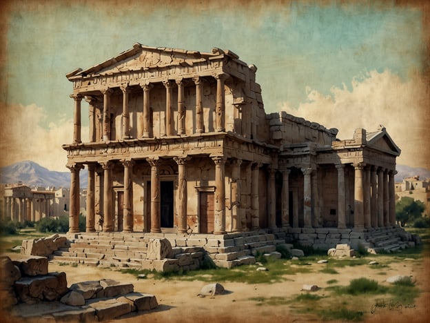Das Bild zeigt eine beeindruckende antike Architektur, die sich in der Tradition der klassizistischen Tempelbauten in Libyen einordnen lässt. Die Säulen und das ornamentierte Dach erinnern an die griechisch-römische Bauweise, die auch in den Ruinen von Städten wie Sabratha und Leptis Magna zu finden ist.Die Architektur Libyens zeichnet sich durch ihre prachtvollen Säulen, kunstvollen Verzierungen und den harmonischen Umgang mit dem Licht aus. Diese Elemente tragen zur Schaffung eines beeindruckenden und majestätischen Erscheinungsbildes bei, das die kulturelle und historische Bedeutung der Region unterstreicht. Die Verwendung von Stein und die Detailtreue spiegeln die handwerkliche Kunstfertigkeit der damaligen Zeit wider.