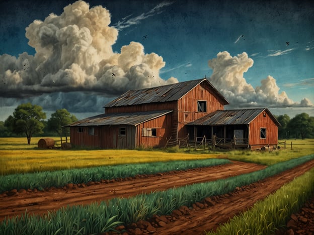 Auf dem Bild ist eine alte, rote Scheune in einer ländlichen Umgebung zu sehen, umgeben von üppigen Wiesen und Feldern. Die Wolken am Himmel tragen zur dramatischen Atmosphäe bei.**Herausforderungen:** Die verfallene Struktur der Scheune könnte Herausforderungen hinsichtlich der Instandhaltung und des Erhalts der landwirtschaftlichen Infrastruktur darstellen. Solche Gebäude verlangen oft Renovierungsarbeiten und finanzielle Mittel, um ihren historischen Wert zu bewahren.**Entwicklungen:** Gleichzeitig könnte die ländliche Szenerie als Möglichkeit zur Entwicklung ökologischer Landwirtschaft oder zum Tourismus betrachtet werden. Die unberührte Natur und die malerische Anordnung könnten Anreize für nachhaltige Projekte und den Ausbau von Agrartourismus bieten, um das ländliche Leben zu fördern.