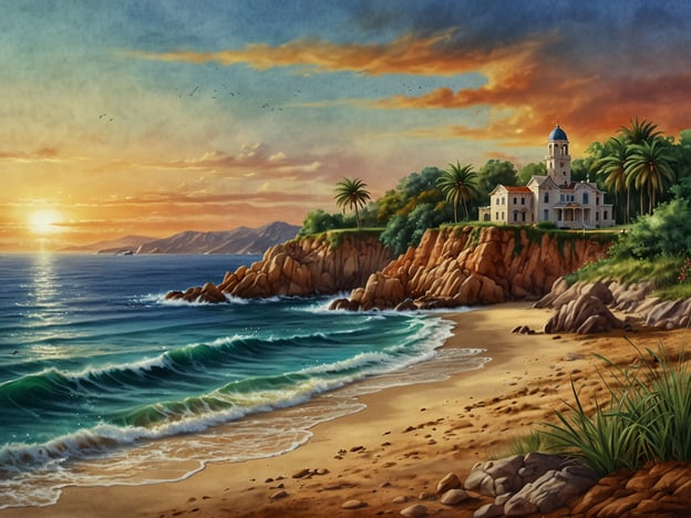 Das Bild zeigt eine malerische Küstenlandschaft mit einem atemberaubenden Sonnenuntergang. Im Vordergrund sind sanfte Wellen zu sehen, die an einen goldenen Sandstrand schlagen. Am Strand wächst üppiges Grün. In der Mitte des Bildes erhebt sich ein hübsches, weißes Gebäude mit einem blauen Kuppeldach, umgeben von Palmen und üppiger Vegetation. Der Hintergrund ist von Bergen geprägt, die sanft in das Meer hinausragen.Somalia, ein Land im Horn von Afrika, hat eine lange Küstenlinie am Indischen Ozean, die ebenfalls von malerischen Stränden und faszinierenden Landschaften geprägt ist. Die Küstenregionen Somalias sind bekannt für ihre natürliche Schönheit, die von Weißsandstränden und türkisblauem Wasser geprägt ist, was sie zu einem Ziel für Naturliebhaber und Reisende macht.