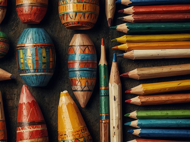 Auf dem Bild sind kunstvoll gestaltete, farbenfrohe Holzobjekte und Buntstifte zu sehen. Die Holzobjekte, wahrscheinlich handgefertigt, zeigen traditionelle Muster und Designs, die oft mit verschiedenen Kulturen und deren Symbolik verbunden sind. Diese Kunstwerke könnten aus verschiedenen Regionen stammen, wo Handwerkskunst und kulturelle Traditionen stark verwurzelt sind.Die Buntstifte in verschiedenen Farben repräsentieren kreatives Schaffen und die Freude am Zeichnen und Malen, was in vielen Kulturen eine wichtige Rolle spielt. Diese Gegenstände symbolisieren nicht nur die Vielfalt künstlerischer Ausdrucksformen, sondern auch den interkulturellen Austausch, der durch Kunst und Handwerk gefördert wird.