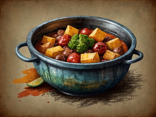Auf dem Bild ist ein Topf mit einer bunten Mischung aus verschiedenen Lebensmitteln zu sehen. Die Zutaten scheinen Tomaten, Käse und möglicherweise Oliven oder andere Gemüsearten zu sein, garniert mit einem Blatt frischem Grün.Kulturelle Kontraste kann man hier gut erkennen. In vielen westlichen Küchen, insbesondere in Deutschland, wird oft Wert auf Kartoffeln, Fleisch und Brot gelegt. Diese Küchenrichtung könnte man mit der in mediterranen Ländern vergleichen, wo frisches Gemüse, Käse und Olivenöl zentrale Bestandteile der Ernährung sind. Diese gesunde Mischung könnte auch mit der asiatischen Küche kontrastiert werden, die häufig aus einer Vielzahl von Gewürzen und Aromen besteht, während hier eine eher einfache, aber bunte Präsentation im Vordergrund steht.Solche Gerichte fördern nicht nur eine gesunde Ernährung, sondern spiegeln auch kulturelle Vorlieben und Zubereitungsmethoden wider.