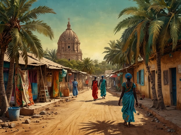 Auf dem Bild ist eine Szene aus einem Senegalese Markt oder Dorf zu sehen. Die Straße ist von Palmen gesäumt und wird von lokalen Frauen in bunten traditionellen Kleidern entlang gegangen. Im Hintergrund erhebt sich eine markante Kuppel, möglicherweise eine Kirche oder ein historisches Gebäude, was auf die kulturelle Vielfalt des Landes hinweist. Die bunten Stoffe und Marktstände verleihen dem Bild eine lebendige Atmosphäre, die typisch für die geschäftigen und dynamischen Märkte im Senegal ist.Senegal ist bekannt für seine reiche Kultur, freundlichen Menschen und atemberaubende Landschaften, die von Küstenlinien bis zu Wüstenregionen reichen. Die Verschmelzung von Tradition und Moderne ist ein zentrales Merkmal der senegalesischen Identität.