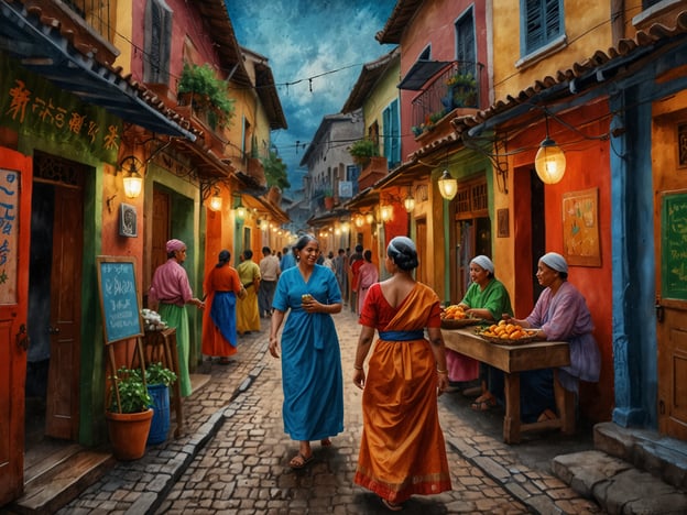 Auf dem Bild ist eine lebhafte, farbenfrohe Straßenszene in einer malerischen Gasse zu sehen. Die Gebäude sind in verschiedenen warmen Farben gestrichen, und es gibt einen Markt mit Ständen, an denen frisches Obst, wie Orangen, verkauft wird. Mehrere Frauen tragen traditionelle Kleidung und interagieren miteinander, während einladende Laternen die Gasse beleuchten.**Tipps für Reisende, um Kultur zu erleben:**1. **Interaktion mit Einheimischen:** Sei offen für Gespräche mit den Menschen vor Ort. Oft kannst du wertvolle Einblicke in die lokale Kultur erhalten.2. **Traditionelle Märkte besuchen:** Besuche Märkte wie auf dem Bild, um lokale Produkte und Spezialitäten zu entdecken. Das Einkaufen bei kleinen Ständen unterstützt auch die lokale Wirtschaft.3. **Kulinarische Erlebnisse:** Probiere traditionelle Gerichte in örtlichen Restaurants. Dies ist eine der besten Möglichkeiten, die Kultur eines Landes oder einer Region zu erleben.4. **Kunst und Handwerk:** Achte auf lokale Kunstwerke und Handwerksprodukte. Oft erzählen diese Stücke die Geschichte und Traditionen der Region.5. **Fotografieren:** Halte die Szenen fest, die dir gefallen – achte jedoch darauf, immer um Erlaubnis zu fragen, bevor du Menschen fotografierst.