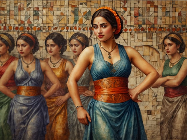 Auf dem Bild ist eine künstlerische Darstellung einer Frau in einem eleganten Dress, umgeben von mehreren Abbildern derselben Person in unterschiedlichen Posen. Die Kleidung hat sowohl historische als auch kulturelle Anklänge.Wenn man dies im Kontext des kulturellen Erbes Guineas betrachtet, könnte man auf die Bedeutung von Traditionen und Moden in der westafrikanischen Kultur eingehen. Ähnlich wie in Guinea spielt die Kleidung eine wichtige Rolle, um Identität und Herkunft auszudrücken. Guineische Frauen tragen oft lebhafte Stoffe und aufwendige Frisuren, die ihre Kultur und ihr Erbe widerspiegeln. Solch eine Darstellung könnte die Stärke und Eleganz von Frauen in der guineischen Gesellschaft symbolisieren.