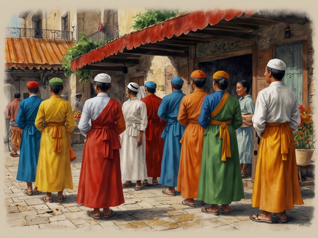 Auf dem Bild sind mehrere Personen in bunten traditionellen Gewändern zu sehen, die in einer Stadt oder auf einem Markt stehen. Diese Kleidung könnte auf eine kulturelle Veranstaltung oder ein Fest hinweisen, bei dem traditionelle Werte und Bräuche gefeiert werden.Das bunte Erscheinungsbild der Gewänder könnte symbolisch für die Vielfalt einer Gemeinschaft sein, in der unterschiedliche Traditionen und Hintergründe zusammenkommen. Die Atmosphäre scheint lebhaft zu sein, möglicherweise mit dem Austausch von Lebensmitteln oder lokalen Handwerken, was oft Teil von Festen oder Markttagen in vielen Kulturen ist. Diese Szenen sind typisch für Straßenfeste, wo Musik, Tanz und gemeinschaftliches Essen im Vordergrund stehen.Ein solcher Anblick könnte die Verbundenheit der Menschen mit ihren Traditionen und die Freude an gemeinschaftlichen Erlebnissen widerspiegeln, die in vielen Kulturen einen hohen Stellenwert haben.