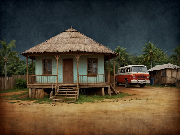 Auf dem Bild ist ein traditionelles Haus mit einem Strohdach in einer ländlichen Umgebung zu sehen. Solche Häuser sind oft Teil von kulturellen Traditionen, wo lokale Baumaterialien verwendet werden, um sich an die klimatischen Bedingungen anzupassen.Das Gebäude hat eine Veranda, die häufig in tropischen Regionen zu finden ist, um das Leben im Freien zu fördern und einen geschützten Bereich zum Entspannen zu bieten. Der rustikale Stil spiegelt ländliche Bräuche wider, bei denen Einfachheit und Funktionalität im Vordergrund stehen.Der alte Bus, der neben dem Haus geparkt ist, deutet auf eine Verbindung zur Mobilität und den Austausch innerhalb der Gemeinschaft hin, was ebenfalls in vielen Kulturen eine wichtige Rolle spielt. Solche Fahrzeuge sind oft Teil des täglichen Lebens und erleichtern die Verbindung zu Nachbargemeinden oder städtischen Zentren.Insgesamt vermittelt das Bild eine Atmosphäre von Tradition und regionaler Identität, die in vielen Kulturen geschätzt wird.