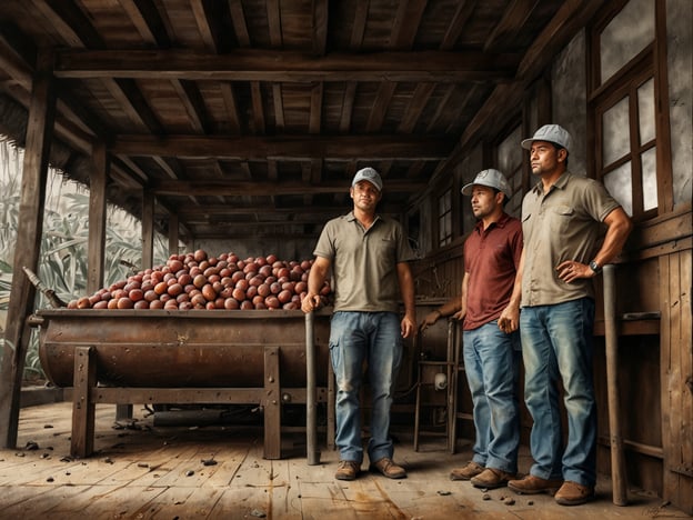 Auf dem Bild sind drei Männer zu sehen, die anscheinend in einem landwirtschaftlichen Umfeld arbeiten. Im Hintergrund sind viele Früchte, wahrscheinlich ein Produkt ihrer Arbeit, zu sehen. Diese Darstellung könnte verschiedene Aspekte der wirtschaftlichen Entwicklung und Herausforderungen in der Landwirtschaft thematisieren.Die wirtschaftliche Entwicklung in ländlichen Gebieten kann durch die Produktion und den Vertrieb landwirtschaftlicher Produkte vorangetrieben werden. Allerdings stehen Landwirte oft vor Herausforderungen wie Marktzugang, Preisvolatilität und klimatischen Veränderungen, die ihre Erträge beeinflussen können. Zudem ist der Zugang zu Technologien und finanziellen Ressourcen entscheidend, um produktiver zu werden und die Wertschöpfung zu steigern.Insgesamt spiegelt das Bild die menschliche Arbeit und die Herausforderungen wider, die mit der wirtschaftlichen Entwicklung in der Landwirtschaft verbunden sind.
