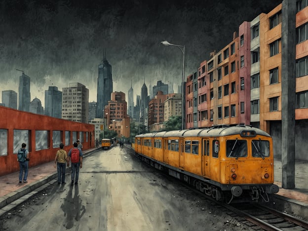 Auf dem Bild ist eine städtische Szene zu sehen, die moderne Gebäude und eine Eisenbahn zeigt. Diese Darstellung kann verschiedene gesellschaftliche Veränderungen und Fortschritte symbolisieren.Die hohe Skyline im Hintergrund steht für Urbanisierung und technologische Entwicklungen, die die Landschaft vieler Städte geprägt haben. Der Bahnverkehr dient als Beispiel für infrastrukturelle Fortschritte, die Mobilität und wirtschaftliches Wachstum fördern.Die anwesenden Personen, die scheinbar auf dem Weg sind, könnten den Trend zur Nutzung öffentlicher Verkehrsmittel repräsentieren, was sowohl ökologische als auch soziale Vorteile mit sich bringt. Insgesamt spiegelt das Bild eine dynamische städtische Umgebung wider, die mit Herausforderungen, wie zum Beispiel dendunklen Wolken, die eine gewisse Unsicherheit vermitteln, sowie Chancen verknüpft ist.