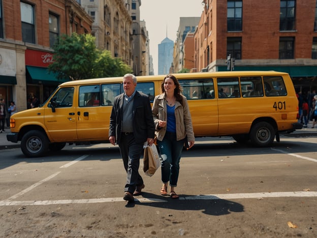 Auf dem Bild sieht man zwei Personen, die eine Straße überqueren, während ein gelber Bus im Hintergrund steht. Dieses Szenario könnte in einer belebten Stadt wie New York City stattfinden, wo gelbe Taxis und Busse ein vertrauter Anblick sind.**Reisetipps und Empfehlungen:**1. **Stadtviertel erkunden**: Wenn du in einer Stadt wie New York bist, besuche verschiedene Stadtteile wie Manhattan, Brooklyn oder SoHo. Jedes Viertel hat seinen eigenen Charme und einzigartige Attraktionen.2. **Öffentliche Verkehrsmittel nutzen**: Nutze die U-Bahn oder Busse, um dich schnell und kostengünstig fortzubewegen. Die gelben Taxis sind eine gute Option, aber prüfe auch die Verfügbarkeit von Ridesharing-Diensten.3. **Essen probieren**: Halte an kleinen Straßenständen oder in Restaurants an, um lokale Spezialitäten zu kosten. Besuche Food Markets, wo du die Vielfalt der Küche erleben kannst.4. **Sehenswürdigkeiten**: Plane Besuche zu wichtigen Sehenswürdigkeiten wie Central Park, der Freiheitsstatue oder dem Times Square ein. Frühzeitiges Besuchen hilft, Menschenmassen zu vermeiden.5. **Spaziergänge**: Mache einen Spaziergang durch die Straßen. Oft entdeckt man versteckte Juwelen – kleine Geschäfte, Straßenkunst und gemütliche Cafés.6. **Sicherheit im Straßenverkehr**: Achte beim Überqueren der Straßen immer darauf, dass die Fahrzeuge halten. In großen Städten kann der Verkehr sehr hektisch sein.Genieße das urbane Abenteuer und lass dich von der Atmosphäre der Stadt inspirieren!