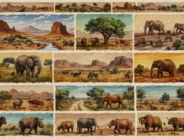 Das Bild zeigt eine Collage von Landschaften und Tieren, die typisch für die afrikanische Savanne sind. Verschiedene Szenen stellen majestätische Elefanten, wilde Büffel und andere Tiere in einer natürlichen Umgebung dar. Die Landschaft ist geprägt von Bergen, Bäumen und weitläufigen Grasflächen, die ein typisches Bild der savannischen Flora und Fauna widerspiegeln.In Burkina Faso, einem Land in Westafrika, sind solche Tiere ebenfalls in den Nationalparks und geschützten Gebieten zu finden. Die Artenvielfalt und die schönen Landschaften machen das Land zu einem wichtigen Ort für Naturschutz und Tierbeobachtung.
