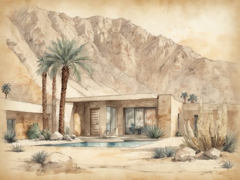 Das Bild zeigt eine moderne Villa in der Wüste von Palm Springs, umgeben von sanften Hügeln und majestätischen Bergen. Vor der Villa befindet sich ein klarer Pool, der perfekt für Entspannung ist. Palmen säumen den Eingang und bringen tropisches Flair in die Wüstenlandschaft. Die Architektur der Villa ist minimalistisch mit großen Fenstern, die einen Blick auf die erstklassige Umgebung bieten. Trockene Pflanzen und Steine ergänzen die natürliche Schönheit des Raumes, der Ruhe und Luxus ausstrahlt.