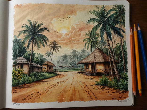 **Togo entdecken.**Auf dem Bild ist eine malerische Landschaft zu sehen, die eine ländliche Szene in Togo darstellt. Es sind mehrere einfache, strohgedeckte Hütten zu erkennen, die von üppiger Vegetation und hohen Palmen umgeben sind. Ein sandiger Weg führt durch die Szene und scheint in die Ferne zu führen, wobei der Himmel in warmen Tönen gefärbt ist, was auf einen Sonnenuntergang hindeutet. Die Atmosphäre wirkt friedlich und einladend.