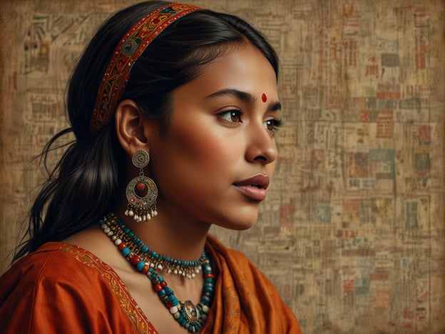 Auf dem Bild ist eine Person zu sehen, die traditionelle indische Kultur und Ästhetik symbolisiert. Sie trägt ein elegantes orangefarbenes Kleid, das wahrscheinlich auf regionalen Modetraditionen basiert. Die Kopfbedeckung und die Schmuckstücke, wie die auffälligen Ohrringe und die Halsketten, sind ebenfalls typische Elemente der indischen Tracht.Das rote Bindi auf der Stirn hat sowohl kulturelle als auch religiöse Bedeutung und wird oft von Frauen getragen. Es wird häufig als Zeichen der Ehe oder als Schutzsymbol angesehen. Die Verwendung von bunten Perlen und Metallen in ihrem Schmuck spiegelt die reiche Handwerkskunst und die Vielfalt der indischen Traditionen wider.Der Hintergrund des Bildes scheint historische oder kulturelle Elemente anzudeuten, was das Gefühl einer tief verwurzelten kulturellen Identität verstärkt. Solche Darstellungen zelebrieren die Schönheit und Vielfalt der indischen Kultur und weisen auf die Bedeutung von Traditionen in der heutigen Gesellschaft hin.
