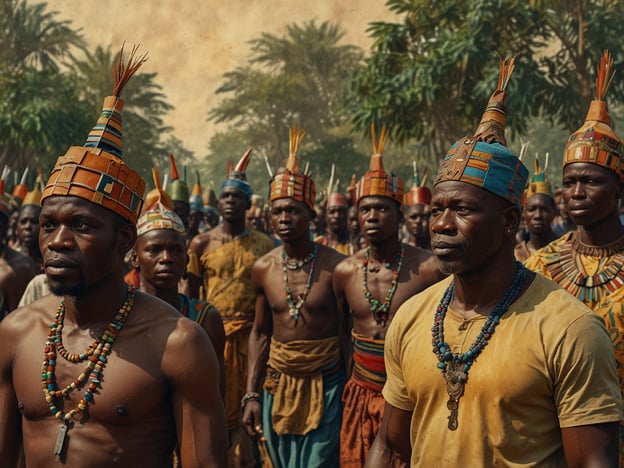 Auf dem Bild sind viele Menschen in traditioneller Kleidung zu sehen, die an einem Fest oder einer Zeremonie teilnehmen. Die Männer tragen aufwendig gestaltete Kopfbedeckungen, die oft aus farbenfrohen Materialien bestehen und in der Kultur Benins eine wichtige Rolle spielen.
Die Kultur Benins ist reich an Traditionen, Kunst und Spiritualität. Die Menschen legen großen Wert auf ihre Wurzeln und feiern oft Feste, die mit Musik, Tanz und farbenfrohen Trachten verbunden sind. Diese Trachten spiegeln häufig das kulturelle Erbe wider und können Status und regionale Identität anzeigen.
Die Präsenz von Schmuck und besonderen Farben in der Kleidung auch auf dem Bild deutet darauf hin, dass es sich um eine Feier handelt, bei der kulturelle Bräuche und das Gemeinschaftsgefühl im Mittelpunkt stehen. In Benin gibt es zahlreiche ethnische Gruppen, die jeweils ihre eigenen einzigartigen Traditionen und Bräuche haben, was die kulturelle Vielfalt des Landes ausmacht.
