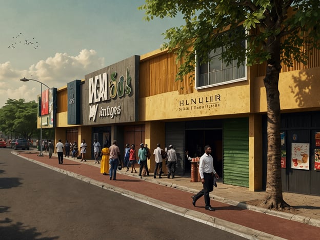 Auf dem Bild ist eine belebte Straßenszene mit Geschäften zu sehen, die an eine urbane Umgebung erinnert. Die Architektur und das Ambiente könnten in einer Megastadt wie Lagos oder Abuja in Nigeria typisch sein. Viele Menschen sind auf der Straße unterwegs, was auf das lebendige Stadtleben hindeutet, das in großen Städten Nigerias oft anzutreffen ist. Die Geschäfte scheinen verschiedene Arten von Produkten und Dienstleistungen anzubieten, was die Diversität des städtischen Lebens widerspiegelt.