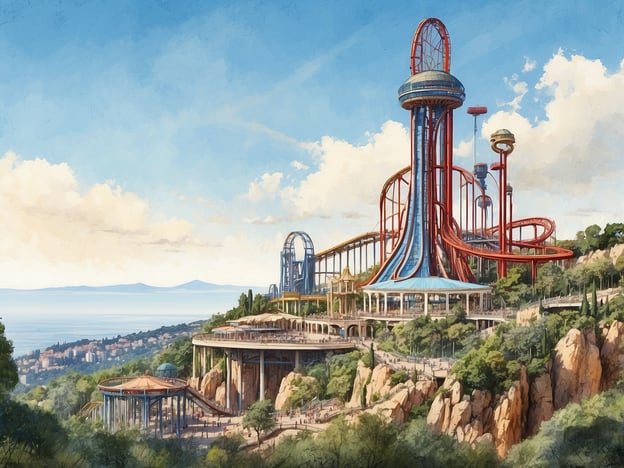 Auf dem Bild ist eine künstlerische Darstellung eines Freizeitparks zu sehen, der große Fahrgeschäfte und eine beeindruckende Aussicht auf die Umgebung zeigt. Diese Szenerie erinnert an den Parque de Atracciones Tibidabo in Barcelona, einer der ältesten Vergnügungsparks der Welt.
Der Tibidabo-Park wurde 1899 eröffnet und befindet sich auf dem Tibidabo-Berg, von dem aus Besucher eine atemberaubende Sicht auf die Stadt und das Mittelmeer haben. Der Park vereint historische Attraktionen mit modernen Fahrgeschäften und ist ein beliebtes Ausflugsziel für Familien und Touristen. Besonders bemerkenswert sind die klassischen Karussells und die ikonische Achterbahn „Muntanya Russa“. Der Park verbindet somit Tradition mit einer wunderschönen natürlichen Umgebung und bietet ein einzigartiges Erlebnis.