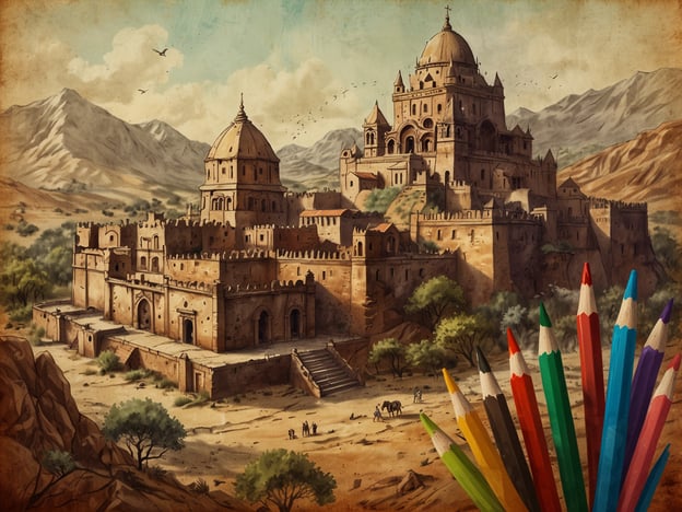 Auf dem Bild ist eine beeindruckende architektonische Struktur zu sehen, die möglicherweise eine Festung oder einen Palast in einer bergigen Wüstenlandschaft darstellt. Die Mauern sind dick und weisen das Design historischer Baukunst auf, was auf eine vergangene Kultur hindeutet, die in dieser Region blühte.Die umliegende Landschaft ist geprägt von Bergen und einigen grünen Pflanzen, was auf eine einzigartige geographische Vielfalt hinweist. Im Vordergrund sind mehrere Farbkreidestifte zu sehen, die auf eine künstlerische Auseinandersetzung mit dieser Szene hindeuten und die kulturelle Kreativität fördern.Insgesamt spiegelt dieses Bild die Verbindung von Geschichte, Natur und Kunst wider, was für viele Kulturen weltweit von zentraler Bedeutung ist.