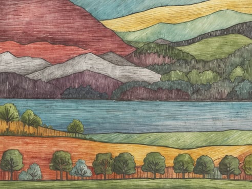 Eine farbenfrohe Landschaft mit sanften Hügeln, einem klaren See und einer Reihe von Bäumen. Im Vordergrund sind grüne und orangefarbene Felder sichtbar, die an Weinbaugebiete erinnern. Der Hintergrund zeigt majestätische Berge unter einem strahlend blauen Himmel, die mit farbigen Streifen von gelb und grün überlagert sind. Diese Darstellung vermittelt eine harmonische Verbindung zwischen Natur, Weinanbau und der Liebe zu charmanten Städten in der Region Finger Lakes.